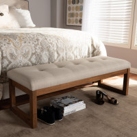 Baxton Studio BBT5337-Light Beige-Bench Caramay Modern and Contemporary Light Beige Fabric Upholstered Walnut Brown Finished Wood Bench